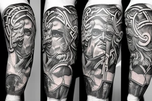Right arm sleeve that contains a minotaur with a labyrinth behind him, warrior, poseidon and the titan Atlas tattoo idea