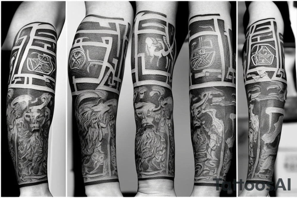 Right arm sleeve that contains a minotaur with a labyrinth behind him, warrior, poseidon and the titan Atlas tattoo idea
