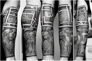 Right arm sleeve that contains a minotaur with a labyrinth behind him, warrior, poseidon and the titan Atlas tattoo idea