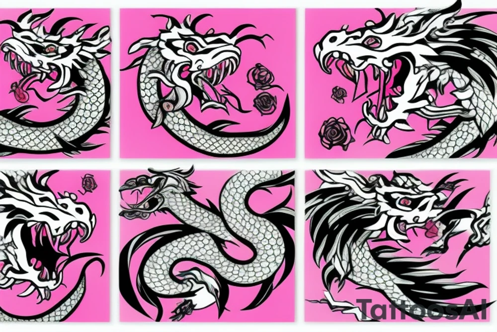 Pink Japanese dragon with rose in mouth tattoo idea