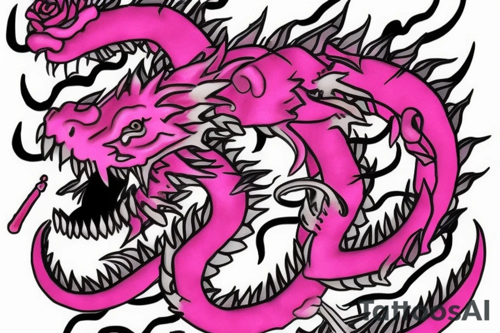 Pink Japanese dragon with rose in mouth tattoo idea