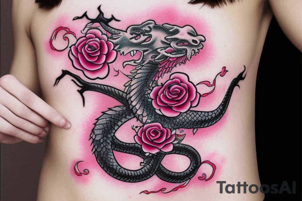 Pink Japanese dragon with rose in mouth tattoo idea