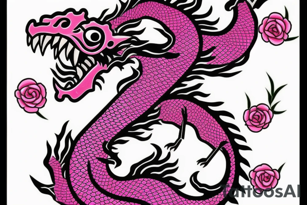 Pink Japanese dragon with rose in mouth tattoo idea