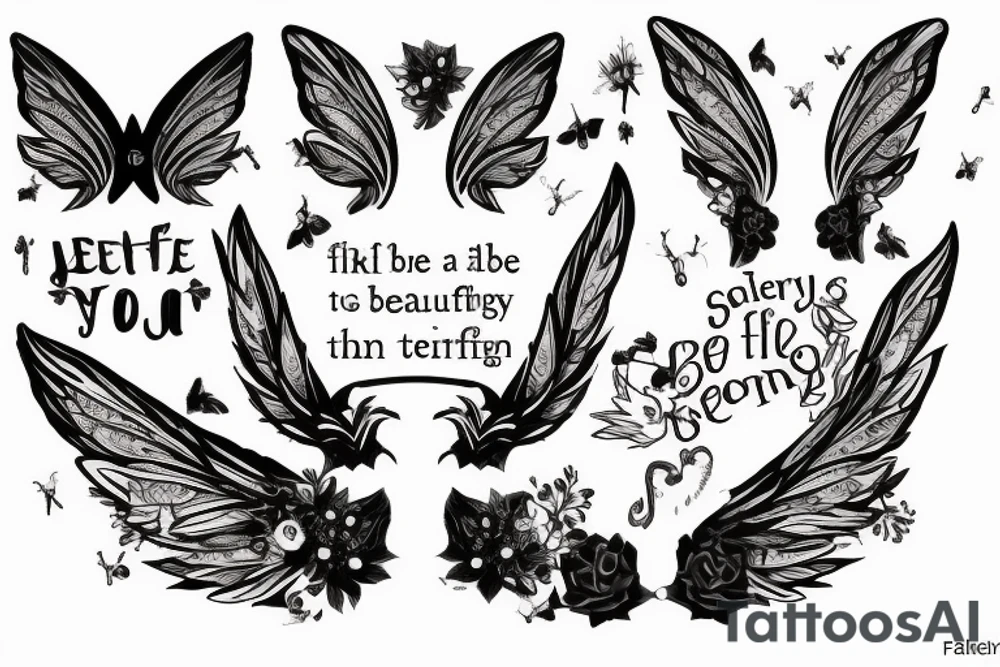 Skelton with fairy wings. with the words “be all the beautiful things you are and be them without apology for all eternity.” tattoo idea