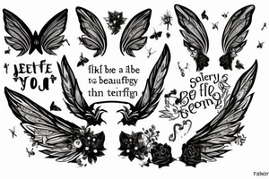 Skelton with fairy wings. with the words “be all the beautiful things you are and be them without apology for all eternity.” tattoo idea