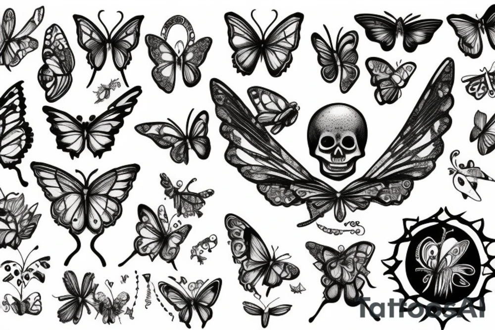 Skeleton with fairy wings and butterfly flying out of their hands tattoo idea