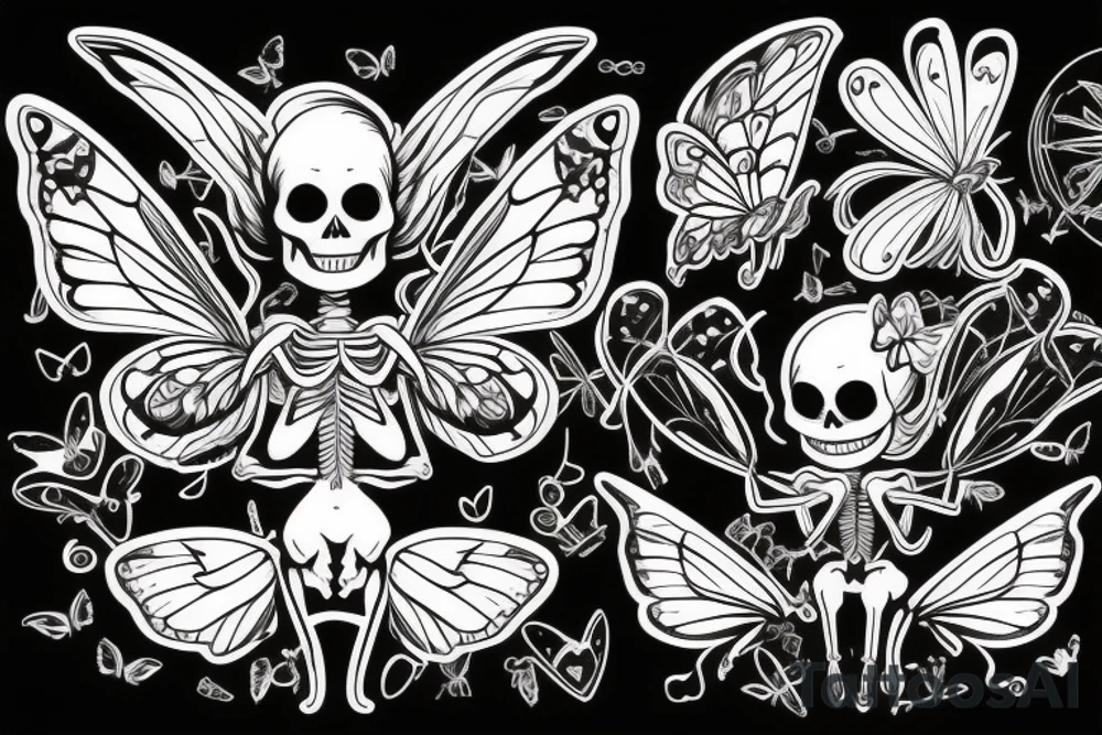 Skeleton with fairy wings and butterfly flying out of their hands tattoo idea