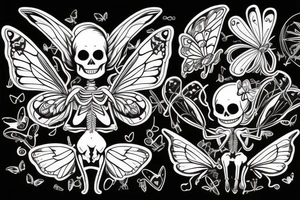 Skeleton with fairy wings and butterfly flying out of their hands tattoo idea