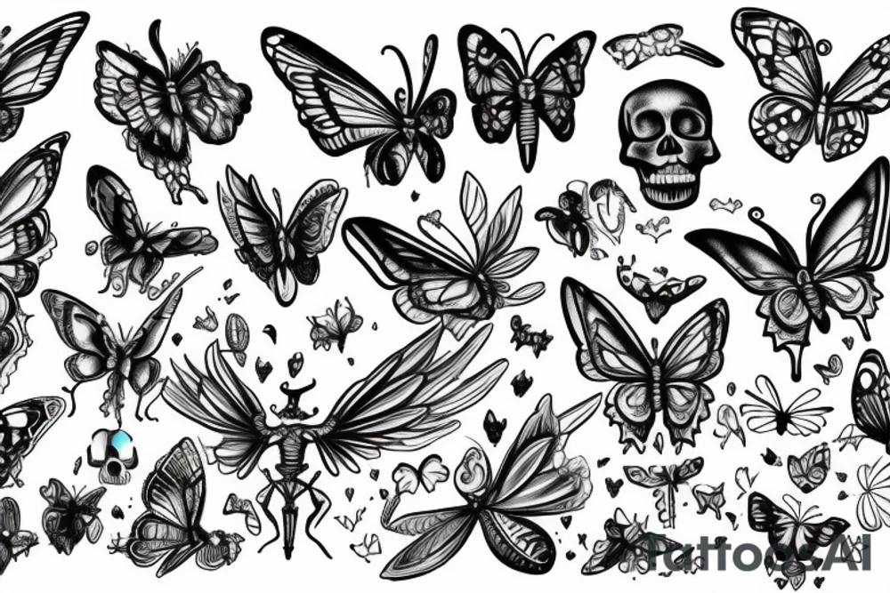 Skeleton with fairy wings and butterfly flying out of their hands tattoo idea