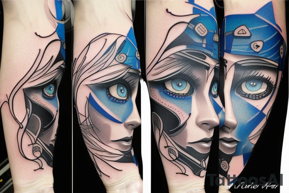 Aggresive line with blue eyes tattoo idea