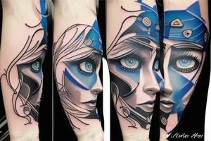 Aggresive line with blue eyes tattoo idea