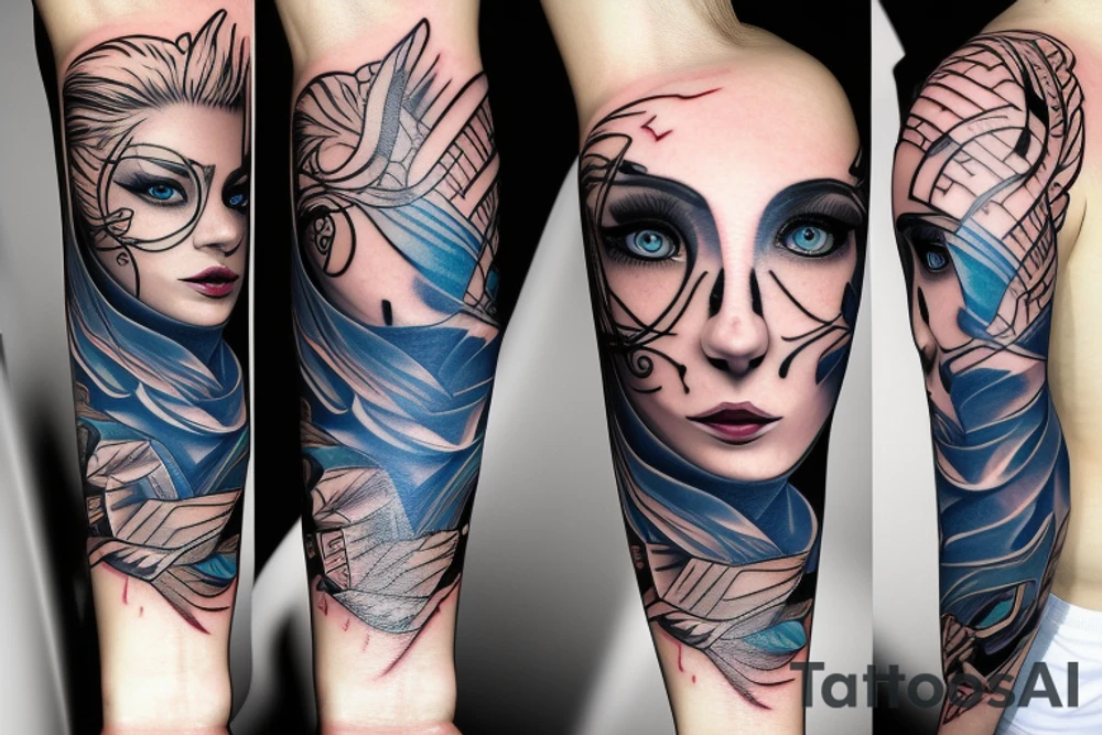 Aggresive line with blue eyes tattoo idea
