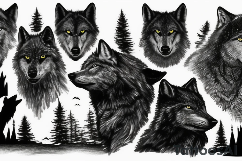 Black Wolf, waterfall, trees, mountains tattoo idea