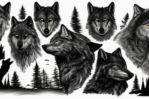 Black Wolf, waterfall, trees, mountains tattoo idea