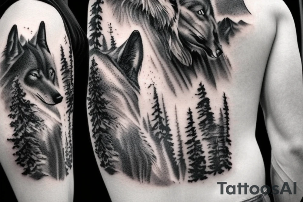 Black Wolf, waterfall, trees, mountains tattoo idea