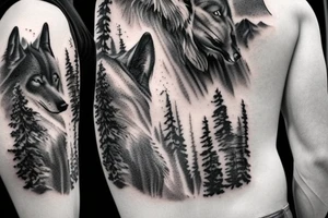 Black Wolf, waterfall, trees, mountains tattoo idea