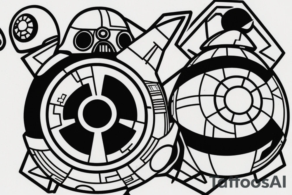 pikachu in dart vader suit coming out of pokeball in shape of death star tattoo idea