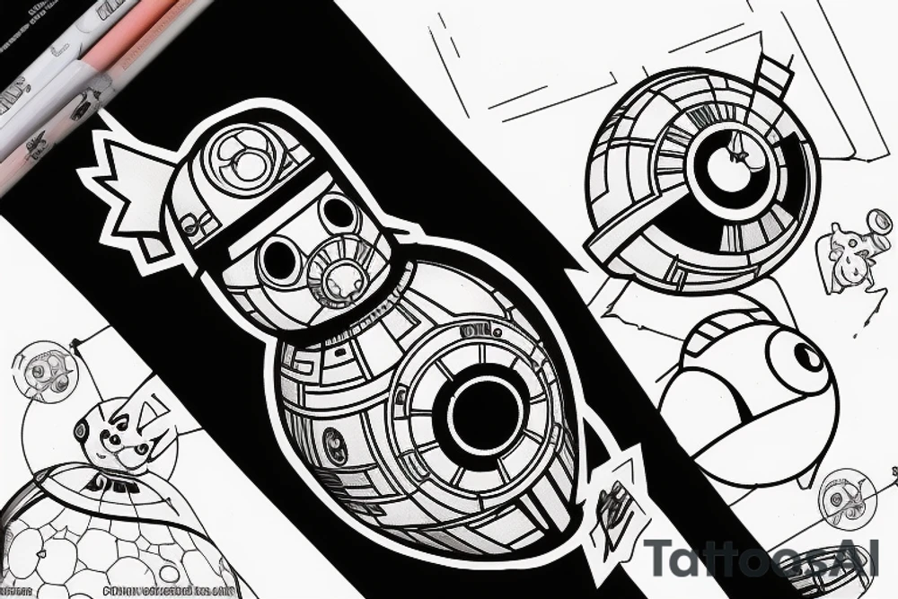 pikachu in dart vader suit coming out of pokeball in shape of death star tattoo idea
