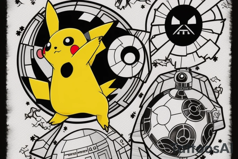 pikachu in darth vader costume coming out of death star pokeball tattoo idea