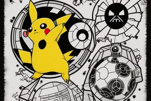 pikachu in darth vader costume coming out of death star pokeball tattoo idea