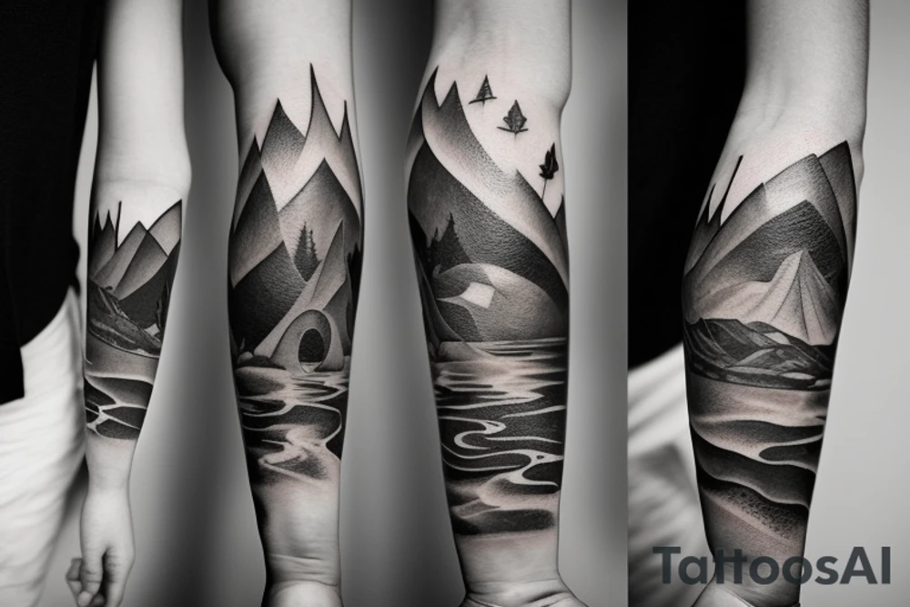 "A minimalistic, black and white tattoo that incorporates elements of Camprodon's landscape, along with symbols of the Water Tribe from Avatar: The Last Airbender and magical imagery from the Harry Potter universe, such as a wand or a spellbook." tattoo idea