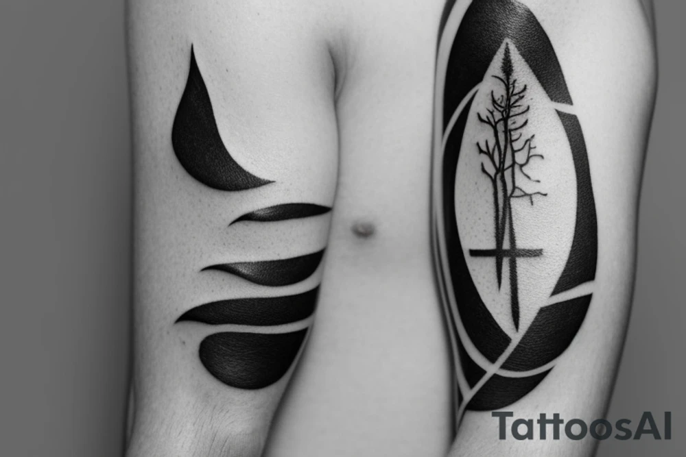 "A minimalistic, black and white tattoo that incorporates elements of Camprodon's landscape, along with symbols of the Water Tribe from Avatar: The Last Airbender and magical imagery from the Harry Potter universe, such as a wand or a spellbook." tattoo idea