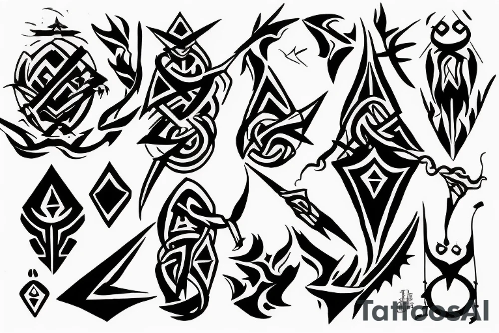 "A minimalistic, black and white tattoo that incorporates elements of Camprodon's landscape, along with symbols of the Water Tribe from Avatar: The Last Airbender and magical imagery from the Harry Potter universe, such as a wand or a spellbook." tattoo idea