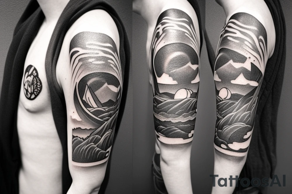 "A minimalistic, black and white tattoo that incorporates elements of Camprodon's landscape, along with symbols of the Water Tribe from Avatar: The Last Airbender and magical imagery from the Harry Potter universe, such as a wand or a spellbook." tattoo idea