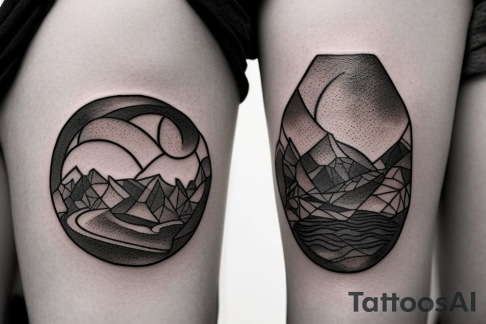 "A minimalistic, mid to small sized, black and white tattoo that incorporates elements of Camprodon's landscape, along with symbols of the Water Tribe from Avatar: The Last Airbender and magical imagery from the Harry Potter universe, such as a wand or a spellbook." tattoo idea