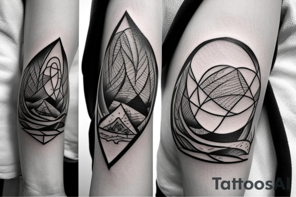 "A minimalistic, mid to small sized, black and white tattoo that incorporates elements of Camprodon's landscape, along with symbols of the Water Tribe from Avatar: The Last Airbender and magical imagery from the Harry Potter universe, such as a wand or a spellbook." tattoo idea