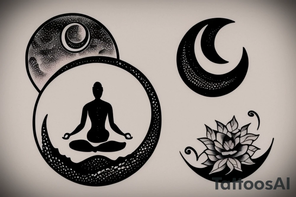 feminine moon and wave tattoo with a silhouette of woman meditating tattoo idea