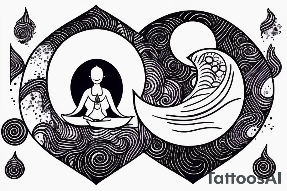 feminine moon and wave tattoo with a silhouette of woman meditating tattoo idea
