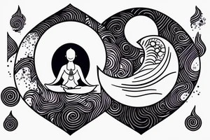 feminine moon and wave tattoo with a silhouette of woman meditating tattoo idea