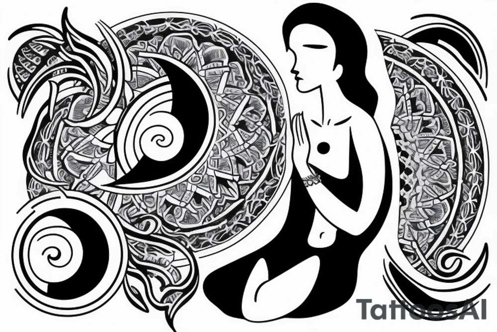 feminine moon and wave tattoo with a silhouette of woman meditating tattoo idea