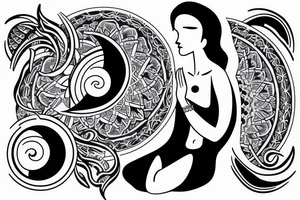 feminine moon and wave tattoo with a silhouette of woman meditating tattoo idea