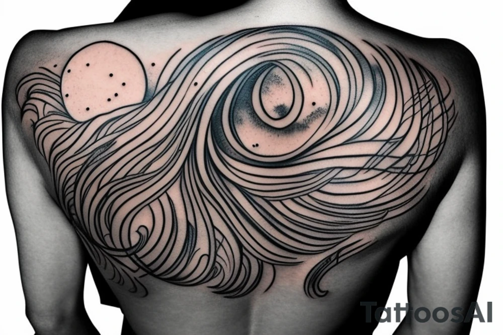 feminine back shoulder tattoo that includes the moon and a wave tattoo idea