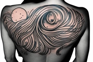 feminine back shoulder tattoo that includes the moon and a wave tattoo idea