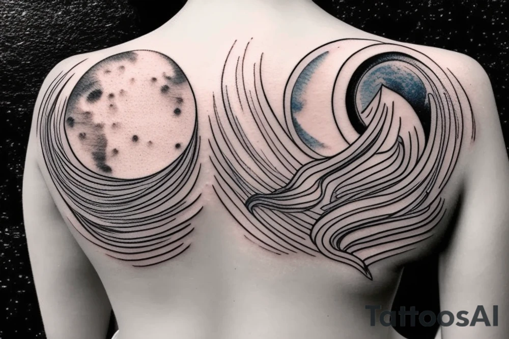 feminine back shoulder tattoo that includes the moon and a wave tattoo idea