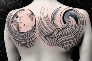 feminine back shoulder tattoo that includes the moon and a wave tattoo idea