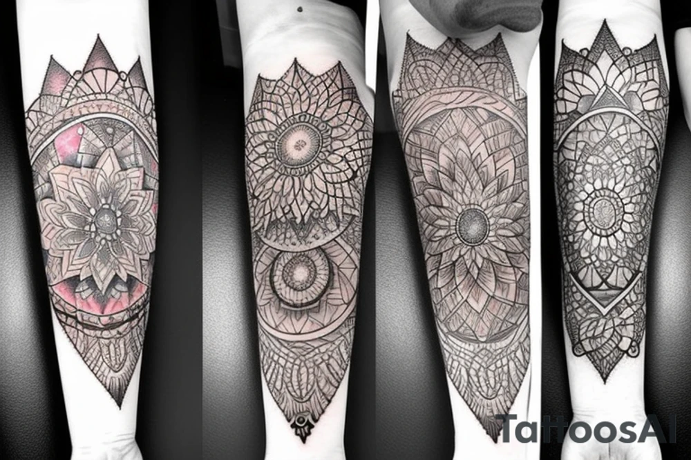 Mandala arm tattoo with gemstone tattoo idea