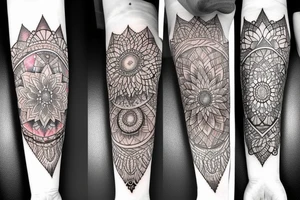 Mandala arm tattoo with gemstone tattoo idea