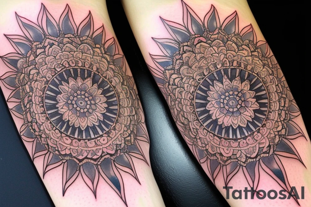 Mandala arm tattoo with gemstone tattoo idea
