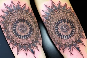 Mandala arm tattoo with gemstone tattoo idea