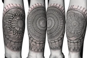 Mandala arm tattoo with crystal tattoo idea