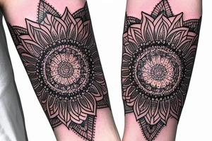Mandala arm tattoo with crystal tattoo idea