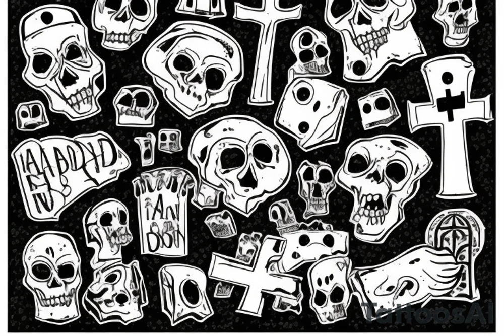 Abandoned graveyard with crumbling headstones and a falling down castle in the background tattoo idea