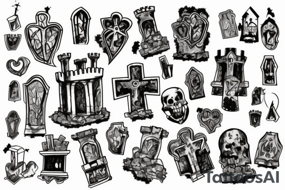 Abandoned graveyard with crumbling headstones and a falling down castle in the background tattoo idea