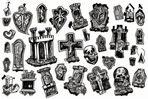 Abandoned graveyard with crumbling headstones and a falling down castle in the background tattoo idea
