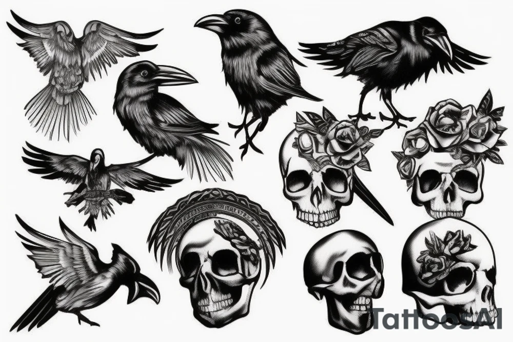 Raven sitting on a skull tattoo idea