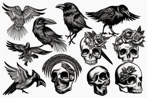 Raven sitting on a skull tattoo idea